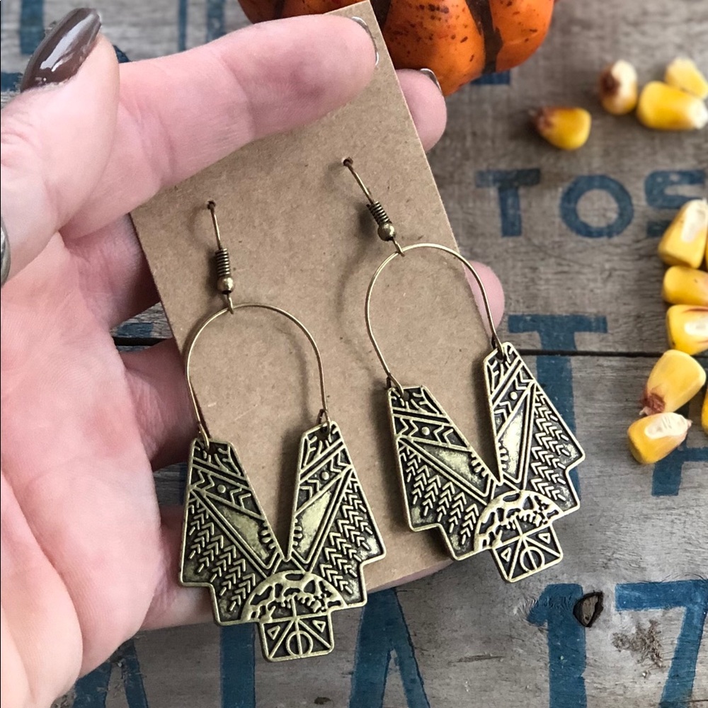 Vintage inspired gold tone tribal earrings